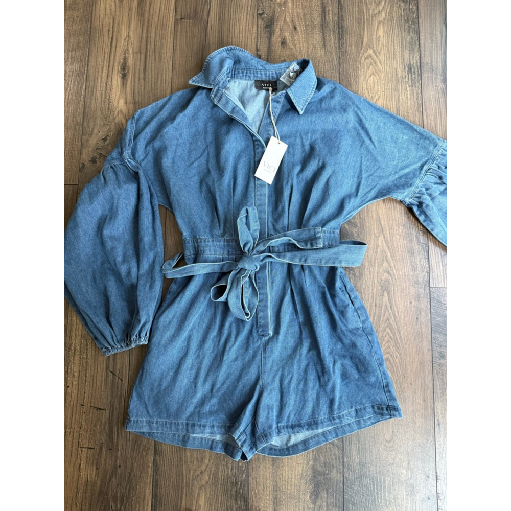 Vici Denim Blue Long Sleeve Romper with Tie Waist